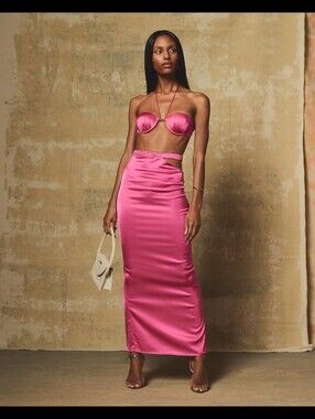 Camila Coelho Lily Satin Maxi Skirt Size XL Pink Cutout Side